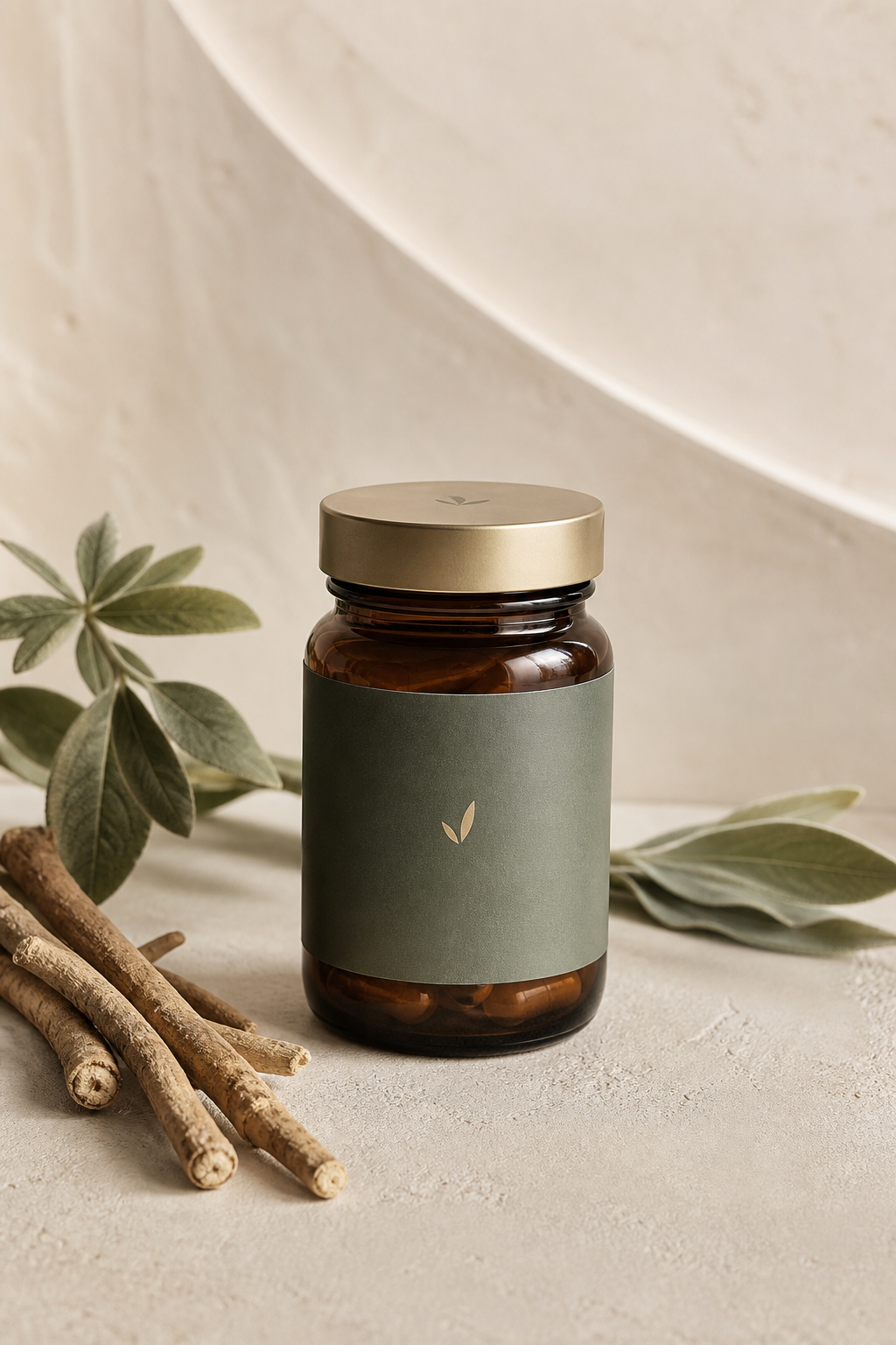 Nirvana Ashwagandha in a bone-toned botanical studio still life