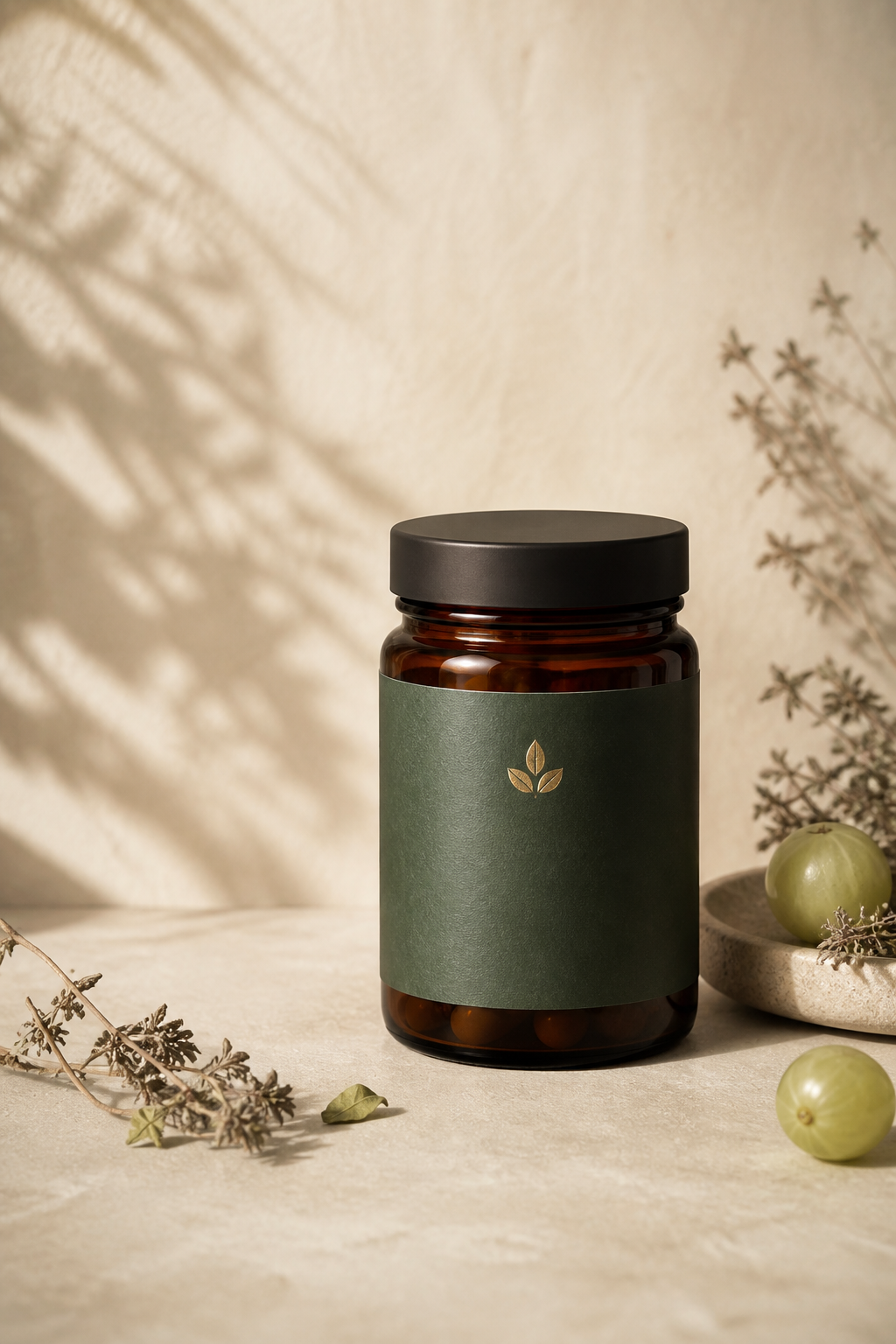 Nirvana Immunity Booster in a bone-toned botanical studio still life