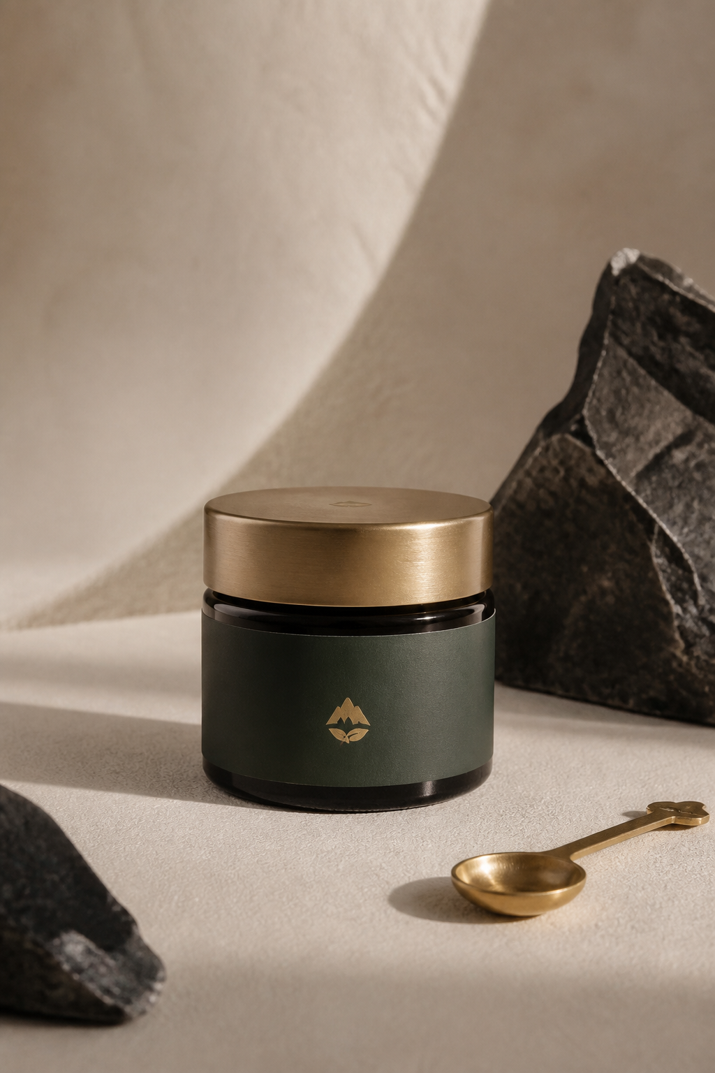 Nirvana Shilajit in a bone-toned botanical studio still life